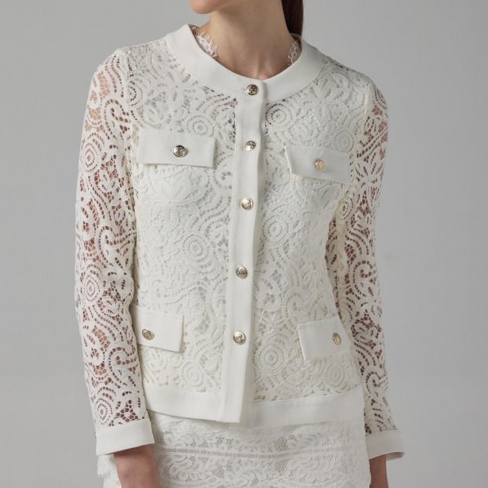 Elie Tahari White Lace Button-Front Jacket